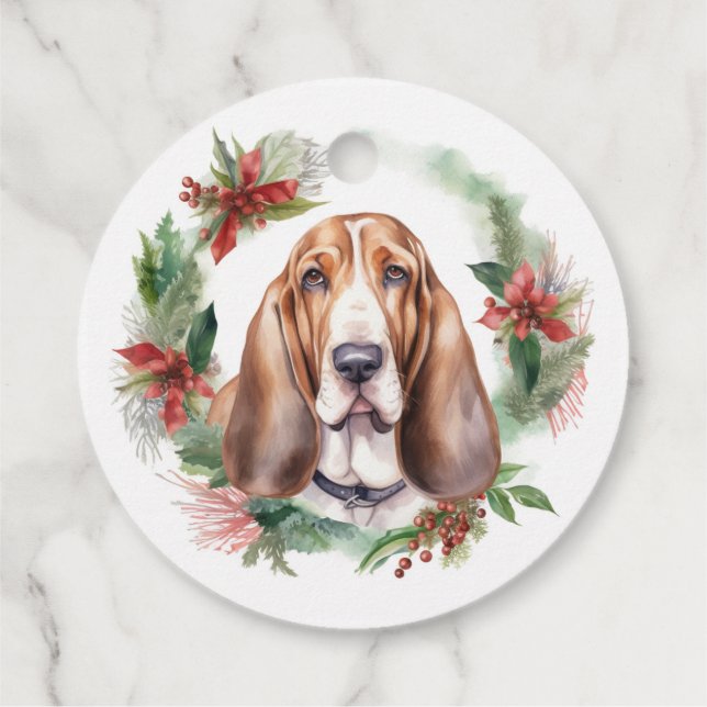 Basset Hound-jul Utandning Festive Valp Gåvor Etiketter (Baksida)