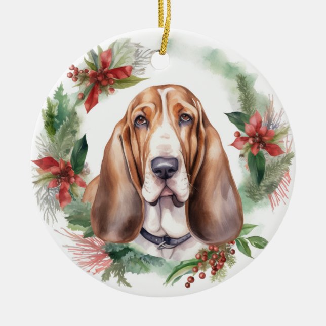 Basset Hound-jul Utandning Festive Valp Julgransprydnad Keramik (Framsidan)