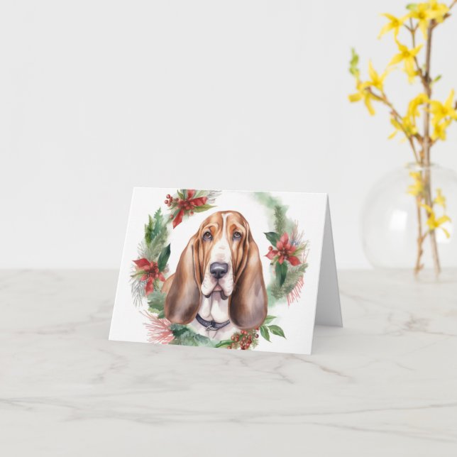 Basset Hound-jul Utandning Festive Valp Kort (Gul blomma)