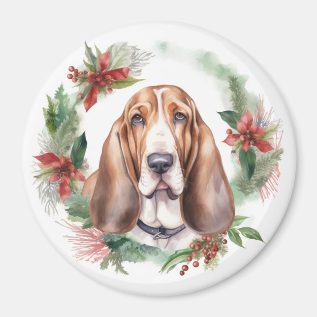 Basset Hound-jul Utandning Festive Valp Magnet (Framsidan)