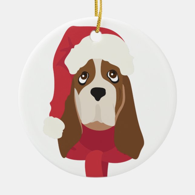 Basset Hound-julprydnaden. Snö Julgransprydnad Keramik (Framsidan)