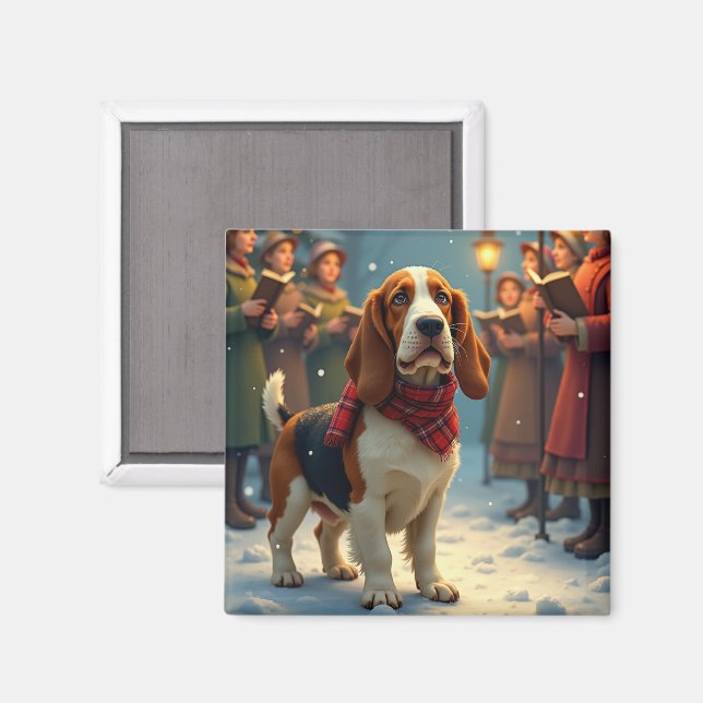 Basset Hound Julsångare Målning Magnet (Front/Back)