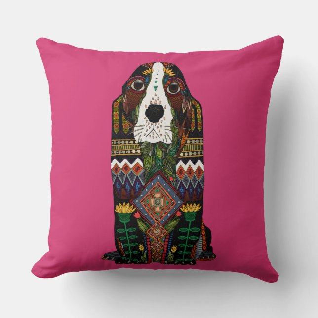 Basset Hound kärlek fuchsia rosa Kudde (Framsida)