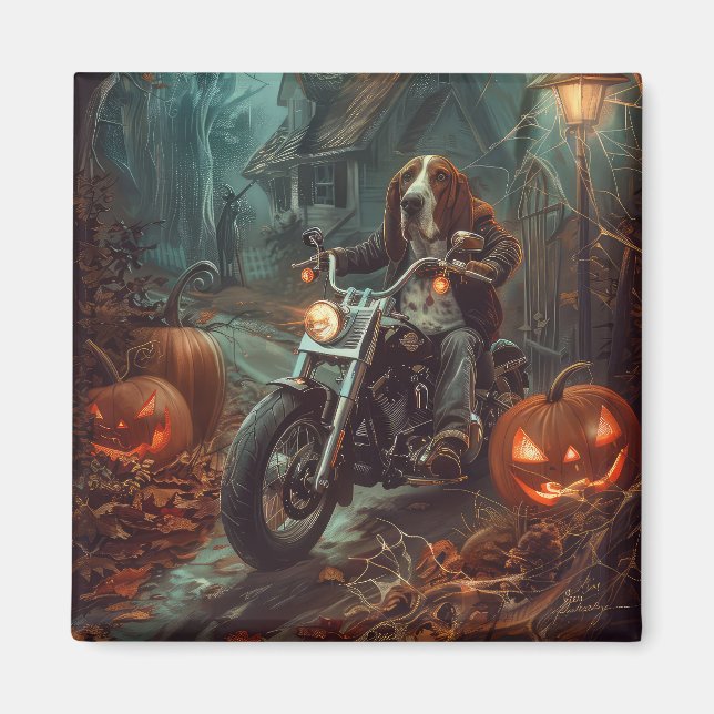 Basset Hound kör motorcykel Halloween läskig Magnet (Framsidan)