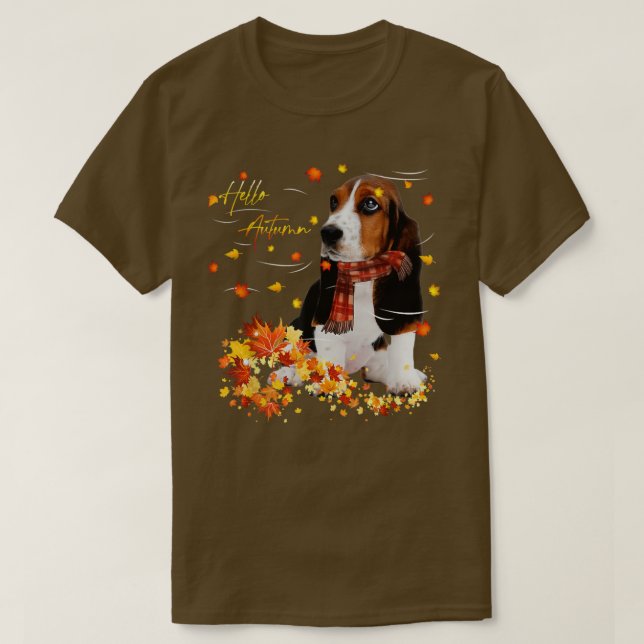 Basset Hound Löv-fallande Hej höst för Hund älskar T Shirt (Design framsida)
