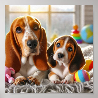 Basset Hound mamma och hennes valp Poster