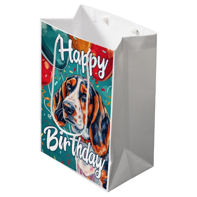 Basset Hound med ballonger födelsedag (Framsidan Vinklad)