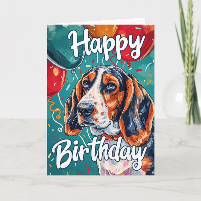Basset Hound med ballonger födelsedag Kort (Framsida)