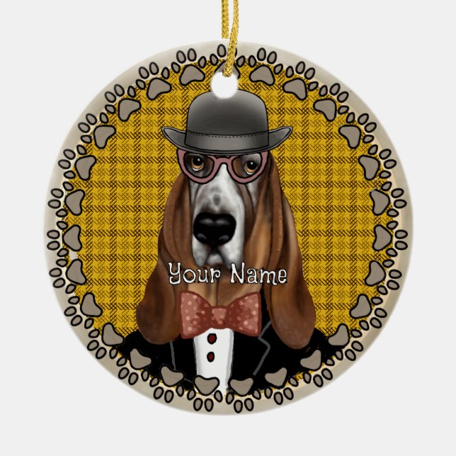 Basset Hound med glasögon Julgransprydnad Keramik (Framsidan)