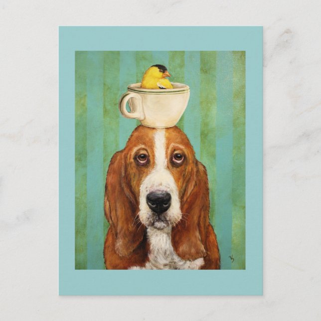 Basset hound med goldfinch i tekopp vykort (Framsida)