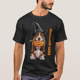 Basset hound med häxhatt och pumpkin t shirt