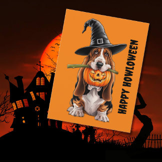 Basset hound med häxhatt och pumpkin vykort