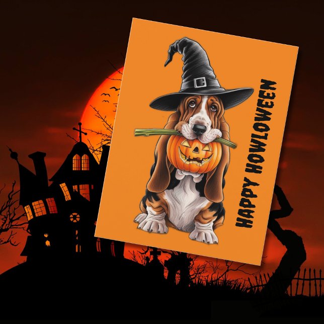 Basset hound med häxhatt och pumpkin vykort (Skapare uppladdad)