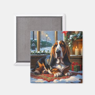 Basset Hound med julbelysning Holiday  Magnet