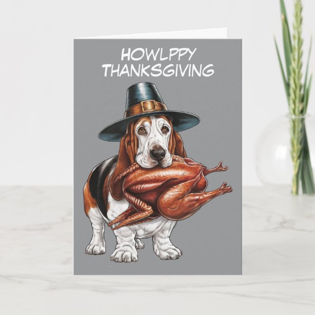 Basset hound med kalkon i munnen thanksgiving kort (Framsida)