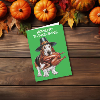 Basset hound med kalkon i munnen thanksgiving kort