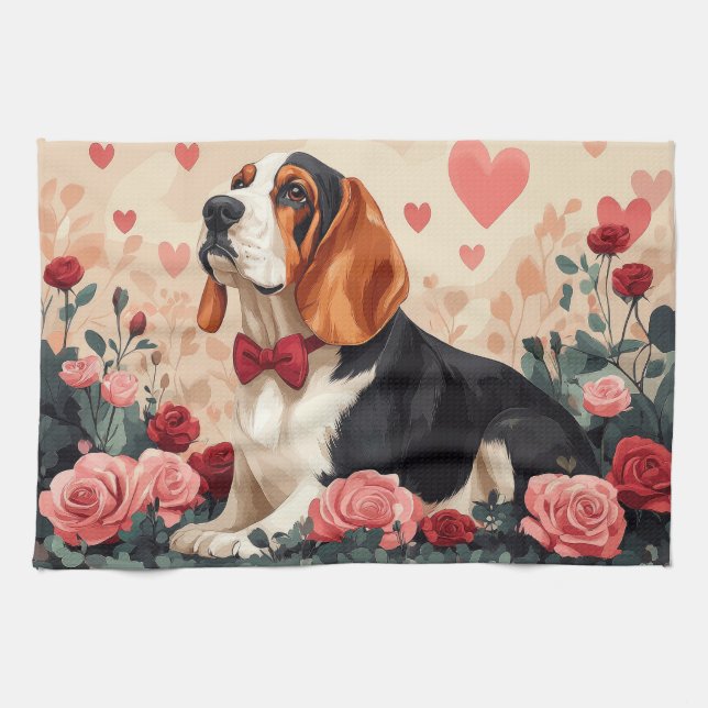 Basset Hound med Ro - Alla hjärtans dag Kökshandduk (Horisontell)