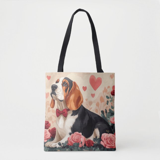 Basset Hound med Ro - Alla hjärtans dag Tygkasse (Framsida)