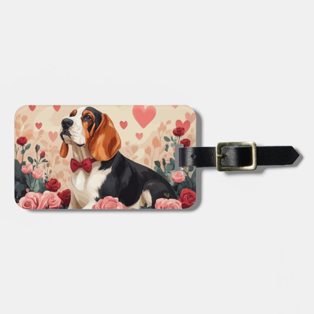 Basset Hound med rosor - Alla hjärtans dag  Bagagebricka (Horisontell Framsida)