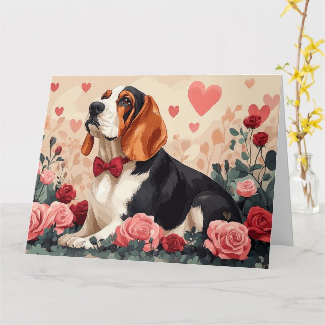 Basset Hound med rosor - Alla hjärtans dag  Kort (Gul blomma)