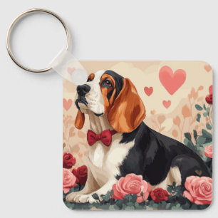 Basset Hound med rosor - Alla hjärtans dag Nyckelring
