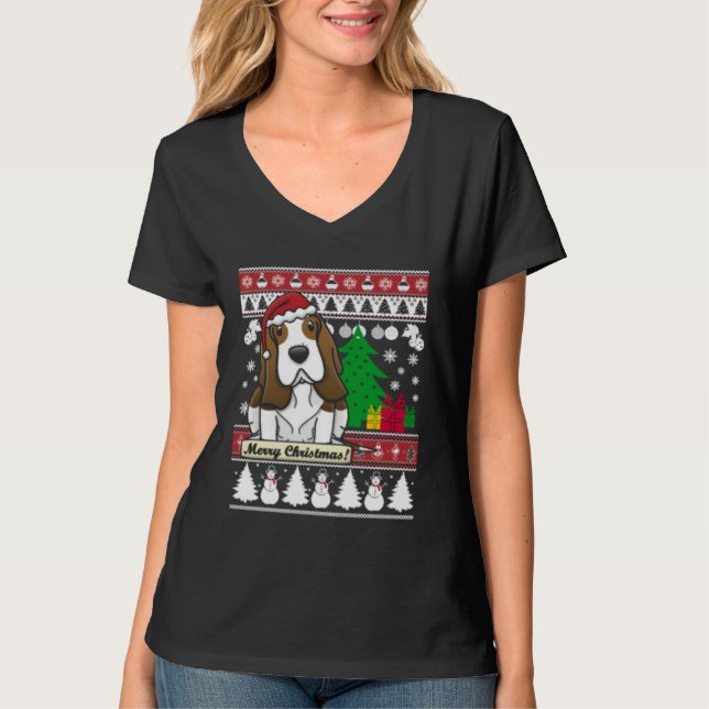 Basset Hound Merry Christmas Tree Dog Xmas Snow Sa T Shirt (Framsida)