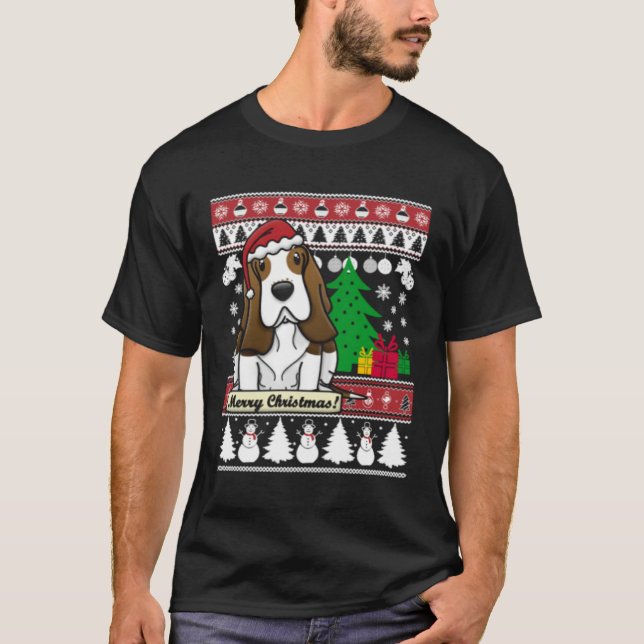 Basset Hound Merry Christmas Tree Dog Xmas Snow Sa T Shirt (Framsida)