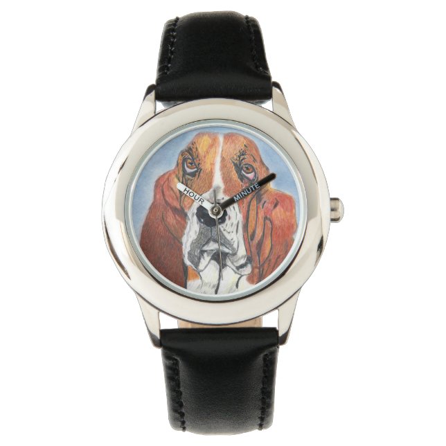 Basset Hound Named Watson a Hand plockade Creation Armbandsur (Framsida)