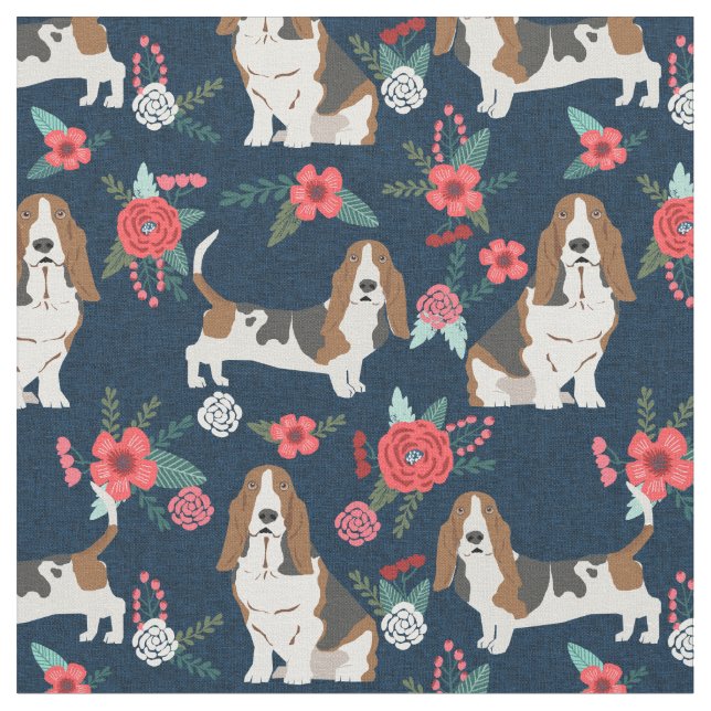 Basset Hound navy and rosa blommigt Tyg (Närbild)