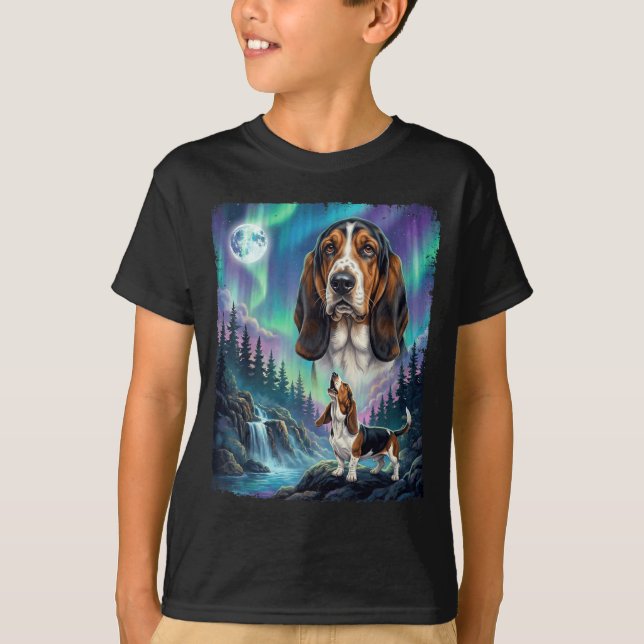 Basset Hound Norrsken Aurora Måne Lång T Shirt (Framsida)