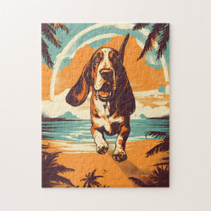 Basset Hound på en tropisk strand under solnedgång Pussel