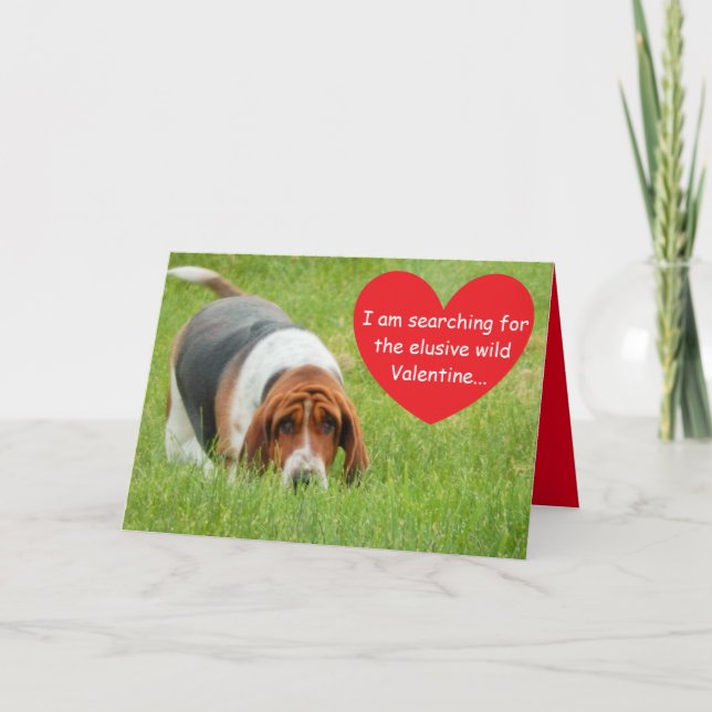 Basset hound på ett roligt Valentindagskort Helgkort (Framsida)