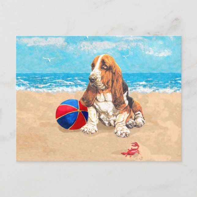 Basset Hound på stranden Vykort (Framsida)