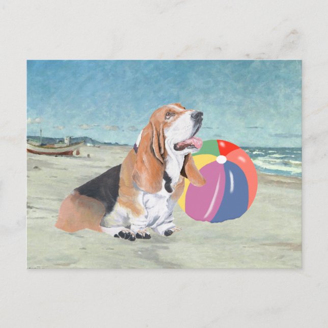 Basset Hound på stranden Vykort (Framsida)