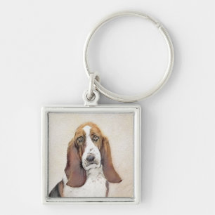 Basset Hound Painting - Cute Original Hund Art Fyrkantig Silverfärgad Nyckelring