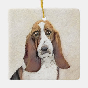 Basset Hound Painting - Cute Original Hund Art Julgransprydnad Keramik