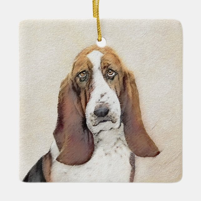 Basset Hound Painting - Cute Original Hund Art Julgransprydnad Keramik (Framsida)