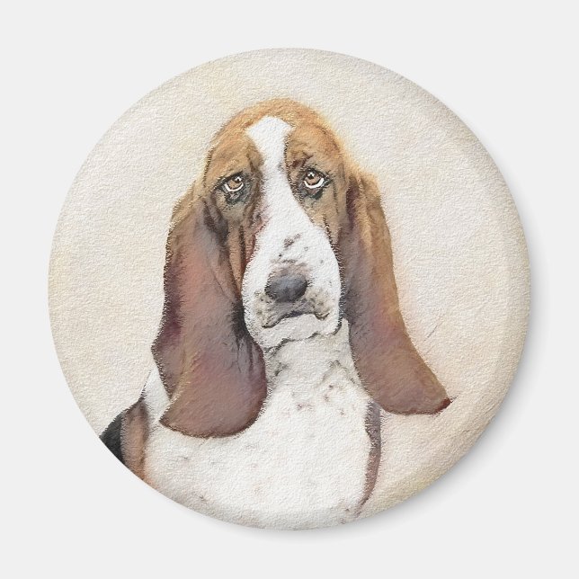 Basset Hound Painting - Cute Original Hund Art Magnet (Framsidan)