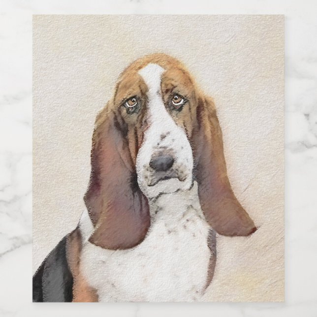 Basset Hound Painting - Cute Original Hund Art Vinflaska Etikett (Singel etikett)