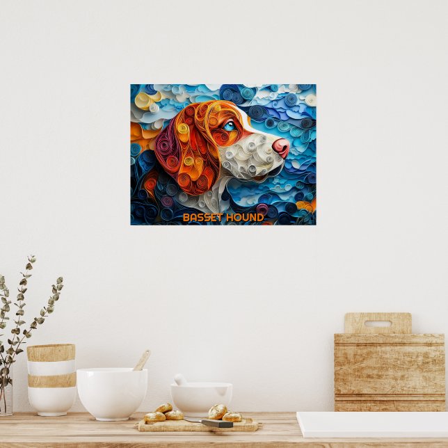 Basset Hound Papper Quilling Art Porträtt Poster (Kök)