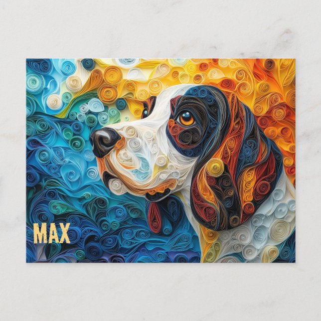 Basset Hound Papper Quilling Art Porträtt Vykort (Framsida)