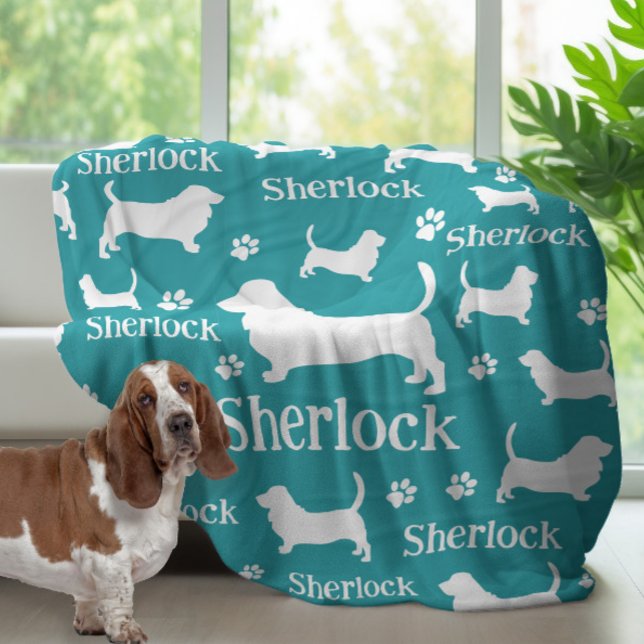 Basset Hound Personlig Hund Blanket Teal Blue Fleecefilt (Basset hound blanket)