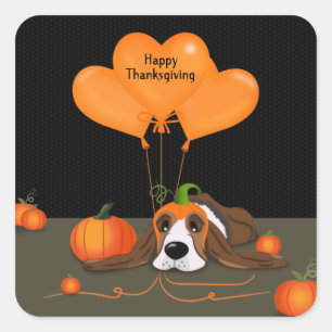 Basset Hound Pumpkin Hat Fyrkantigt Klistermärke