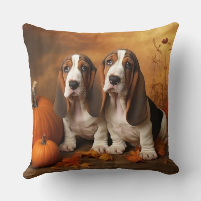 Basset Hound Puppy Autumn Delight Pumpkin Kudde (Baksida)