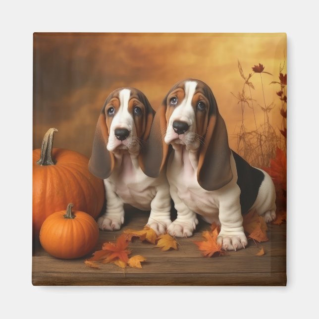 Basset Hound Puppy Autumn Delight Pumpkin Magnet (Framsidan)
