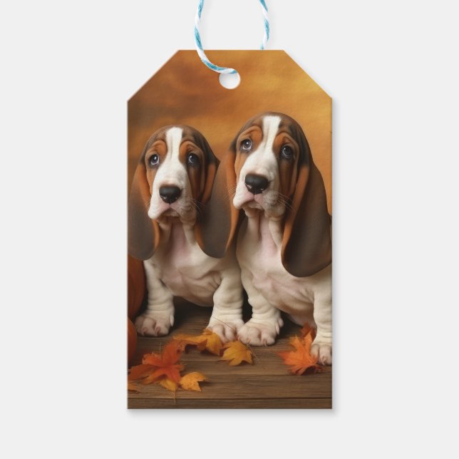 Basset Hound Puppy Autumn Delight Pumpkin Presentetikett (Framsidan)