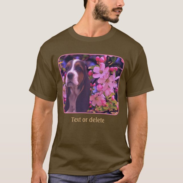 Basset Hound Puppy Blossoms Dog Art  T Shirt (Framsida)