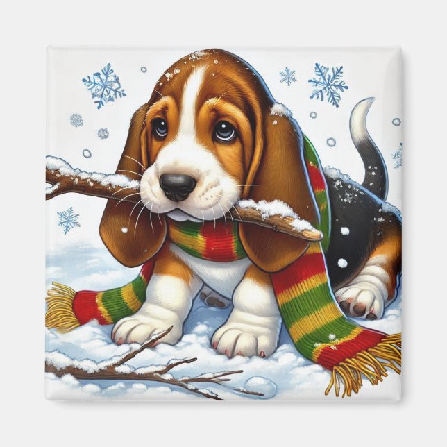 Basset Hound Puppy i Snö med Scarf och Gren Magnet (Framsidan)