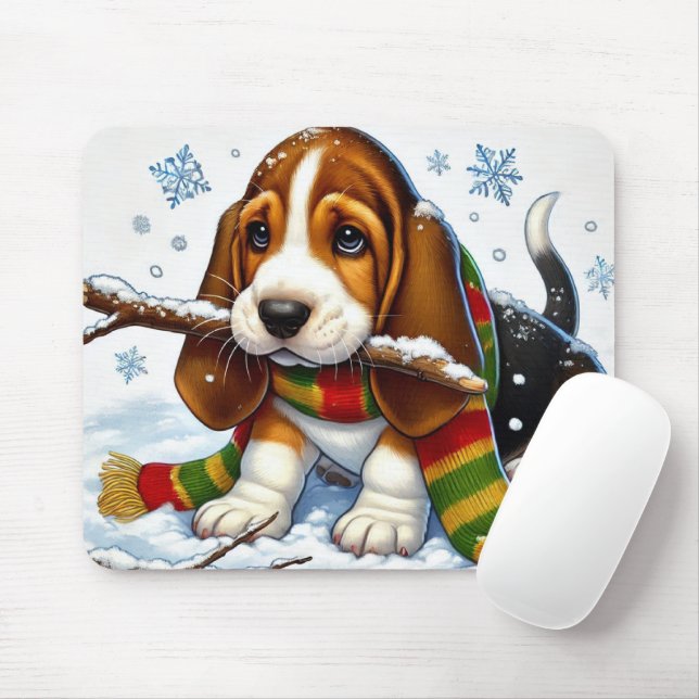 Basset Hound Puppy i Snö med Scarf och Gren Musmatta (Med mus)