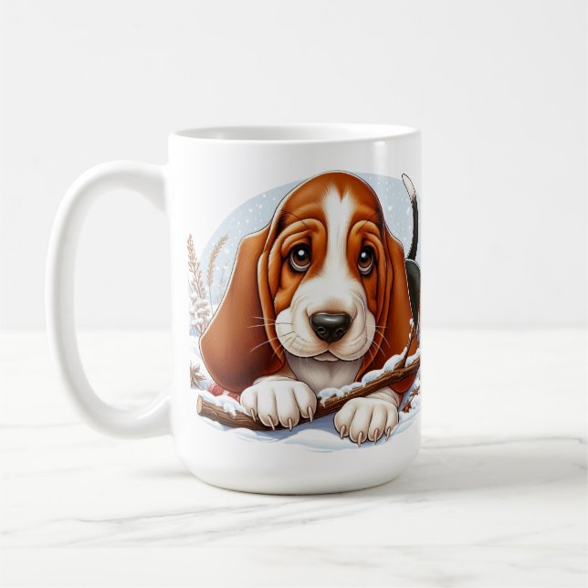 Basset Hound Puppy i Snowy Winter Scene Kaffemugg (Vänster)